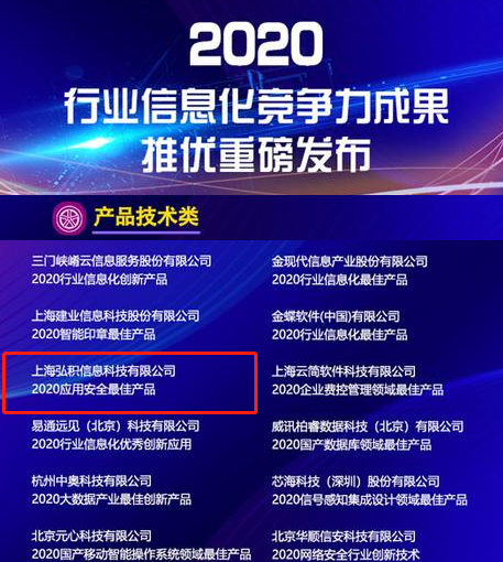 弘积科技荣获"2020国产应用安全最佳产品"行业信息化成果奖